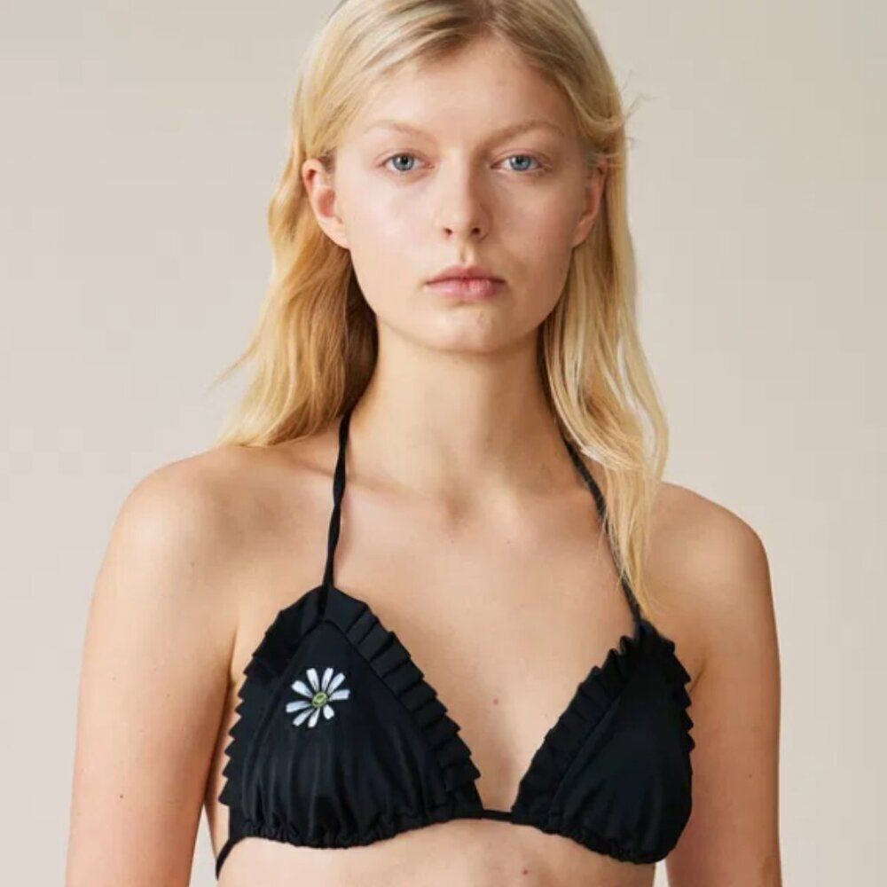 Ganni Polly Ruffle Bikini Top Black Daisy 36